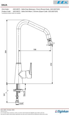 Eca Dalia Krom Renk Mafsallı 7,1 Lt Su Tasarruflu Eviye Bataryası