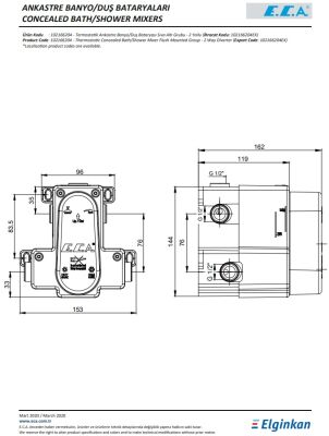 Eca Krom Termostatik Ankastre Banyo/Duş Batarya 2 Yollu Sıva Altı
