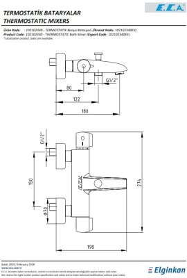 Eca Krom Termostatik Banyo Bataryası 102102340 Duş Seti Hariçtir
