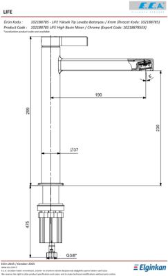 Eca Life Altın Görünüm Kollu Yüksek Tip Lavabo Batarya 102188785A