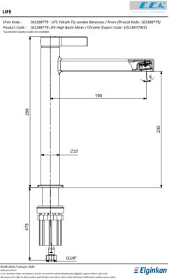 Eca Life Altın Görünüm Kollu Yüksek Tip Lavabo Batarya 102188779A