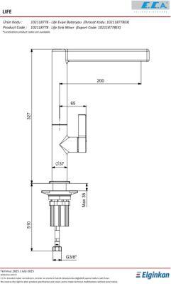 Eca Life Krom Renk L Boru Kireç Kırıcı Tasarruflu Eviye Bataryası