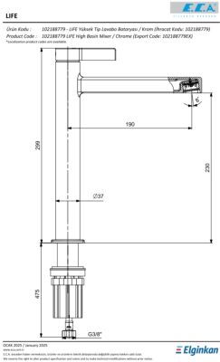 Eca Life Krom Renkli Kollu Yüksek Tip Lavabo Bataryası 102188779