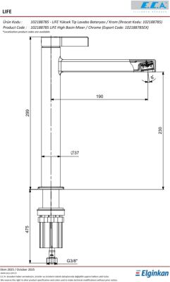Eca Life Krom Renkli Kollu Yüksek Tip Lavabo Bataryası 102188785