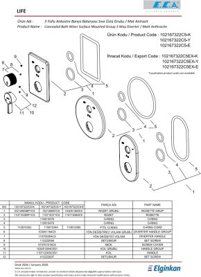 Eca Life Mat Antrasit Banyo/Duş 3 Yollu Sıva Üstü 102167322C5-K