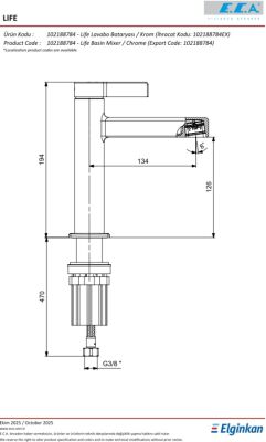 Eca Life Mat Antrasit Kollu Sabit Lavabo Bataryası 102188784C5