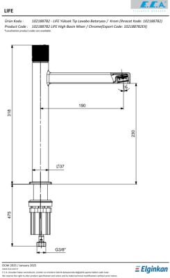 Eca Life Mat Antrast Kolsuz Yüksek Tip Lavabo Batarya 102188782C5