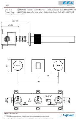 Eca Life Mat Siyah Ankastre Lav Bat Sıva Üst Üç Rozet 102106777C1