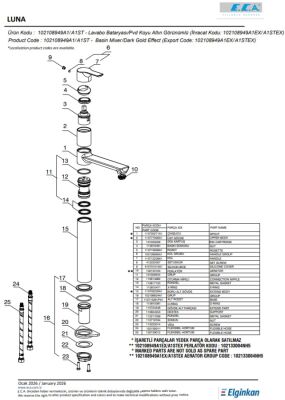 Eca Luna Altın Görünümlü Kireç Kırıcı Yüksek Tip Lavabo Bataryası