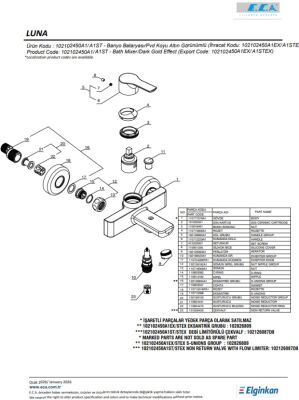 Eca Luna Altın Görünümlü Kireç Kırıcı 102102450A1 Banyo Bataryası