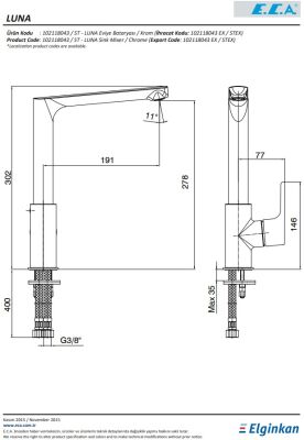 Eca Luna Altın Görünümlü L Borulu Su Tasarruflu Eviye Bataryası