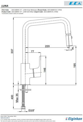 Eca Luna Krom 5,3 lt Kireç Kırıcılı Su Tasarruflu Eviye Bataryası