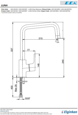 Eca Luna Krom 7,5 lt Kireç Kırıcılı Su Tasarruflu Eviye Bataryası
