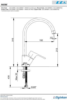 Eca Niobe Krom Renk Kireç Kırıcılı Su Tasarruflu Eviye Bataryası