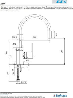 Eca Nita Beyaz Renk Esnek Çıkış Uçlu Tasarruflu Eviye Bataryası
