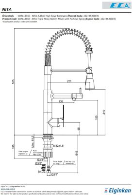 Eca Nita Krom 3 Akışlı Yaylı El Duşlu Tasarruflu Eviye Bataryası
