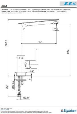 Eca Nita Krom Renk Kireç Kırıcılı L Boru 7,3 Lt. Eviye Bataryası