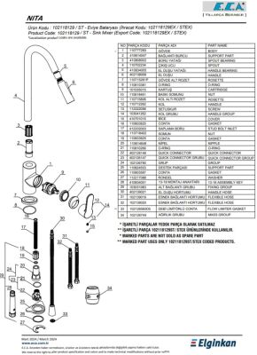 Eca Nita Krom Renk Spiralli Düz El Duş Tasarruflu Eviye Bataryası