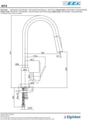 Eca Nita Krom Renk Spiralli Düz El Duş Tasarruflu Eviye Bataryası