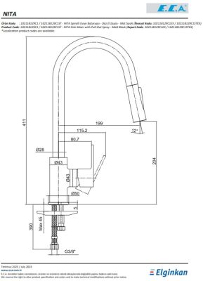 Eca Nita Mat Siyah Spiralli Düz El Duş Tasarruflu Eviye Bataryası