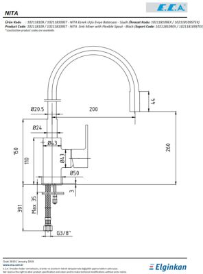 Eca Nita Siyah Renk Esnek Çıkış Uçlu Tasarruflu Eviye Bataryası