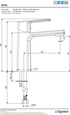 Eca Royal Ecotechnology Mat Siyah Kireç K. Sabit Lavabo Bataryası