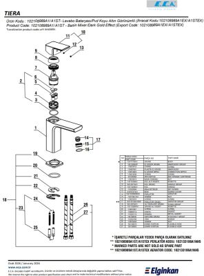 Eca Tiera Altın Gorünümlü Kireç Kırıcılı Sabit Lavabo Bataryası