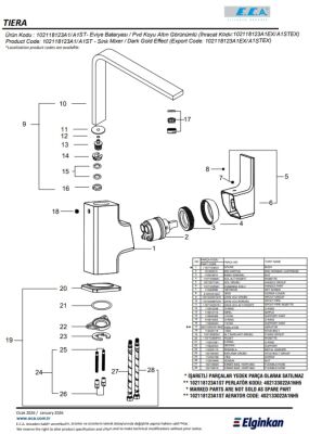 Eca Tiera Altın Görünümlü Kireç Kırıcılı Tasarruflu Eviye Batarya