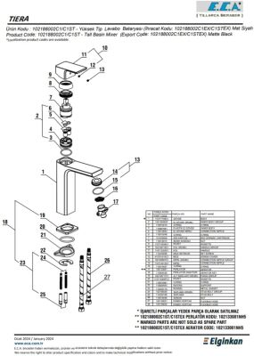 Eca Tiera Mat Siyah Kireç Kırıc Sabit Yüksek Tip Lavabo Bataryası